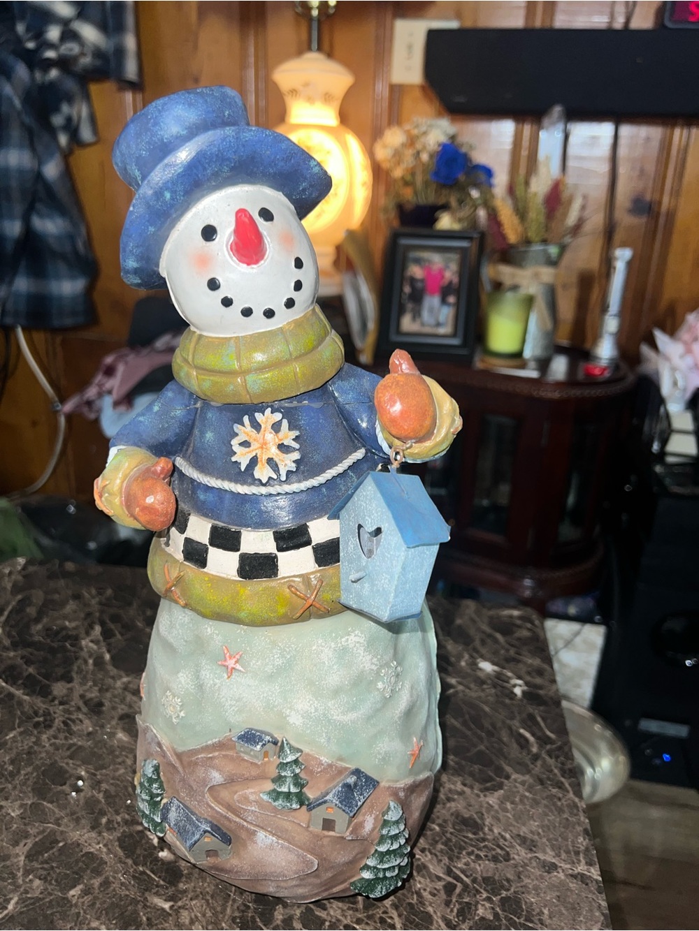 Blue Snowman Holiday Figurine with Birdhouse - Home Holiday